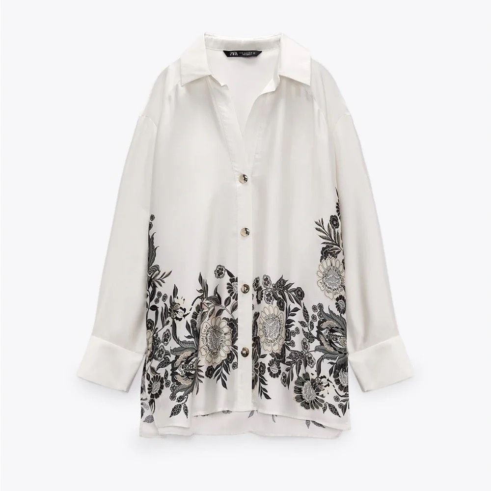 Zara White Satin Effect Printed Flowing Collared Shirt Size XS